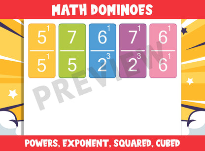 Printable Math Dominoes (Powers, Exponent, Squared, Cubed), 55 Cards, PDF File, Instant Download