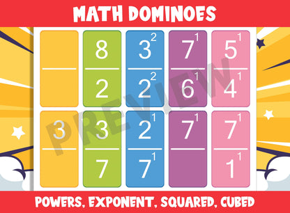 Printable Math Dominoes (Powers, Exponent, Squared, Cubed), 55 Cards, PDF File, Instant Download