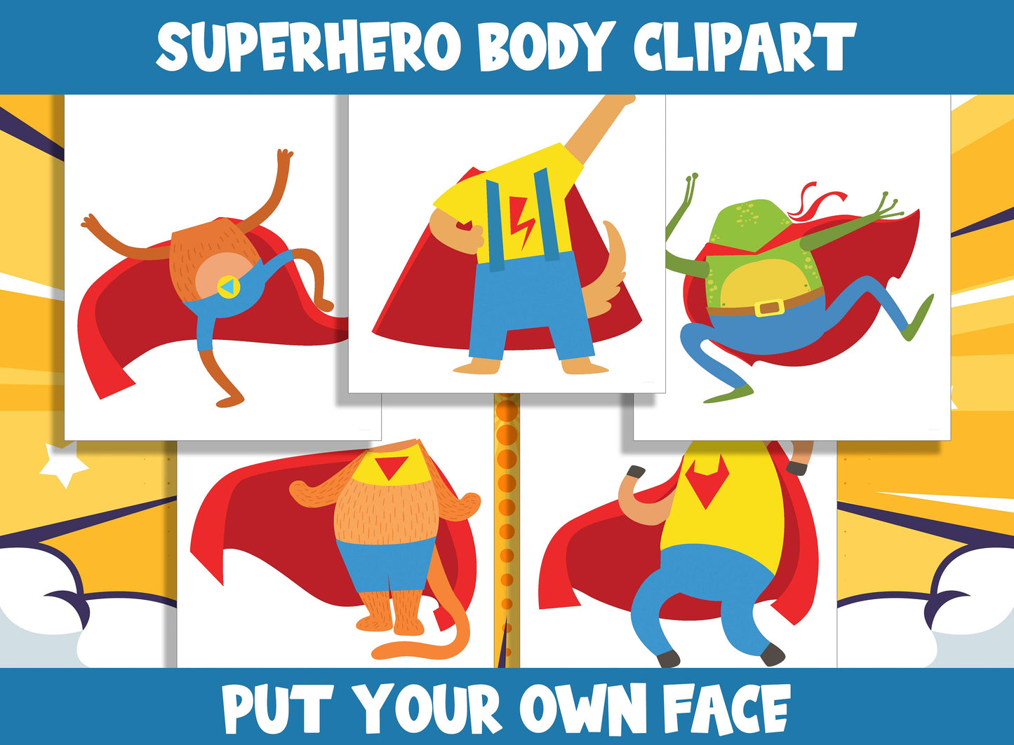 Animal Superhero Body Clipart Set for PreK to 6th Grade, 20 Pages, PDF File, Instant Download