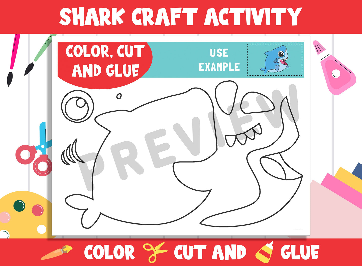 Cute Shark Craft Activity - Color, Cut, and Glue for PreK to 2nd Grade, PDF File, Instant Download