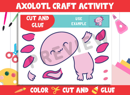 Cute Axolotl Craft Activity - Color, Cut, and Glue for PreK to 2nd Grade, PDF File, Instant Download