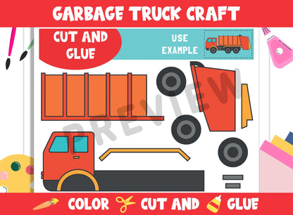Garbage Truck Craft Activity - Color, Cut, and Glue for PreK to 2nd Grade, PDF File, Instant Download