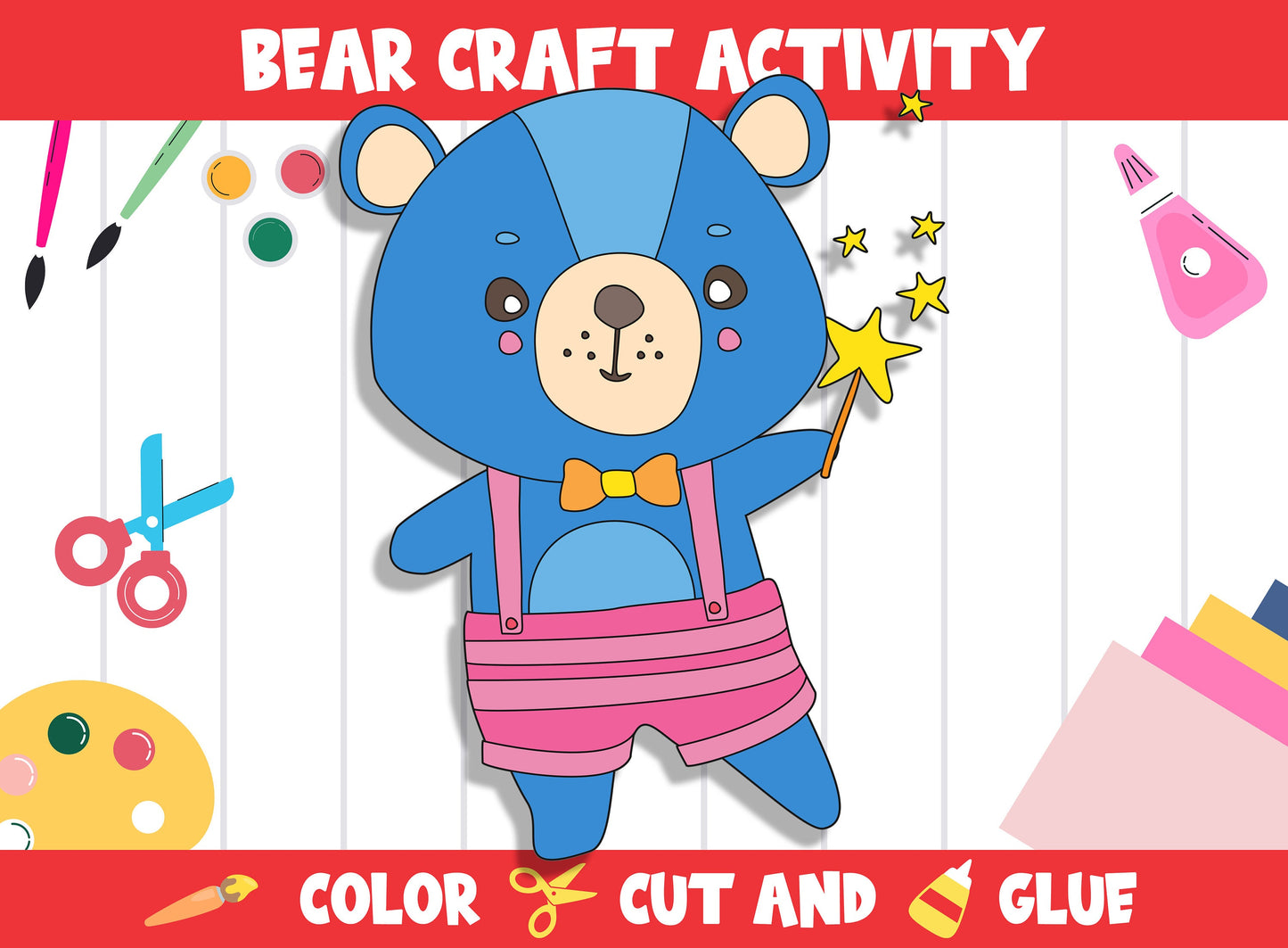Cute Bear Craft Activity - Color, Cut, and Glue for PreK to 2nd Grade, PDF File, Instant Download