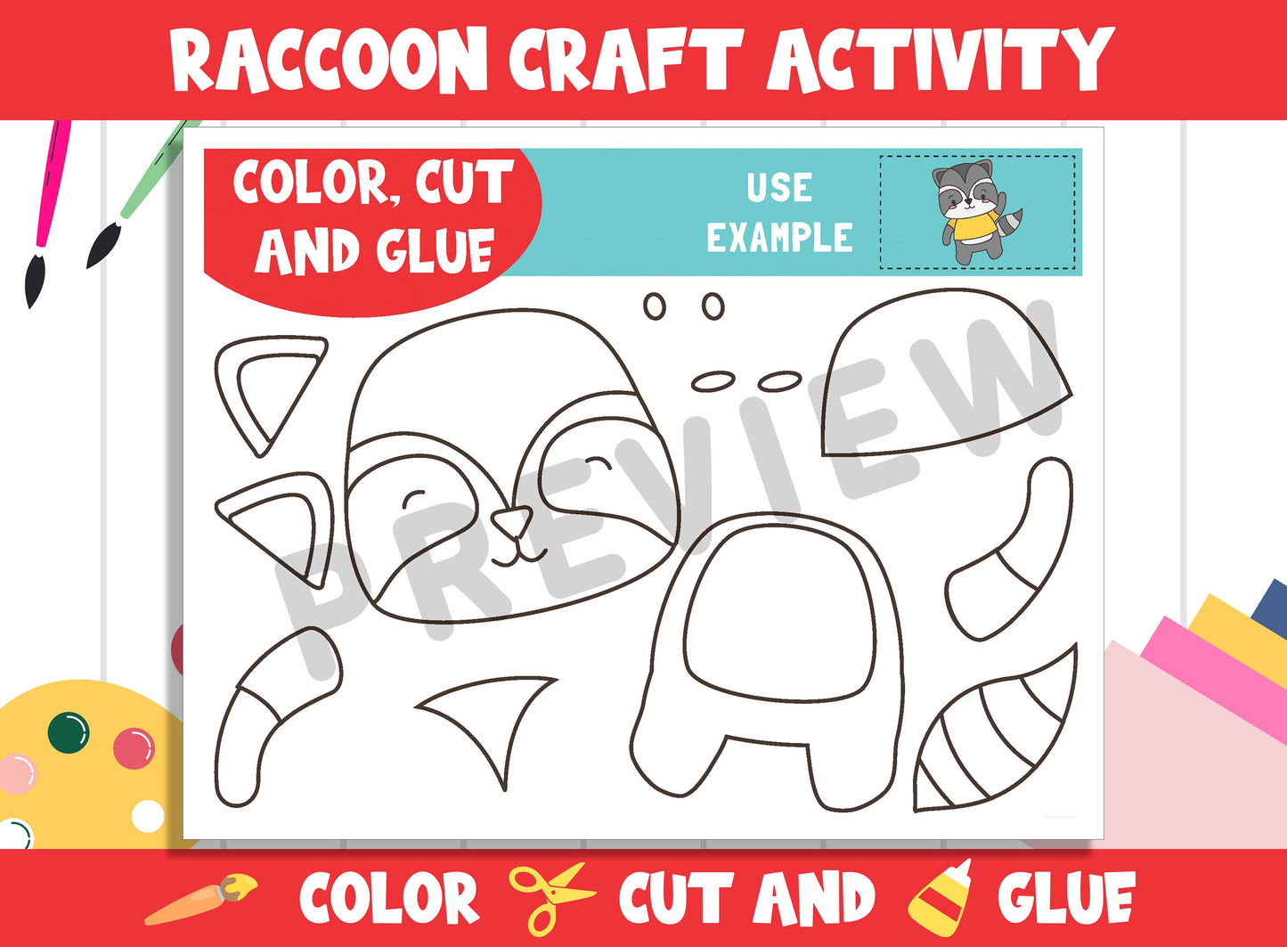 Cute Raccoon Craft Activity - Color, Cut, and Glue for PreK to 2nd Grade, PDF File, Instant Download