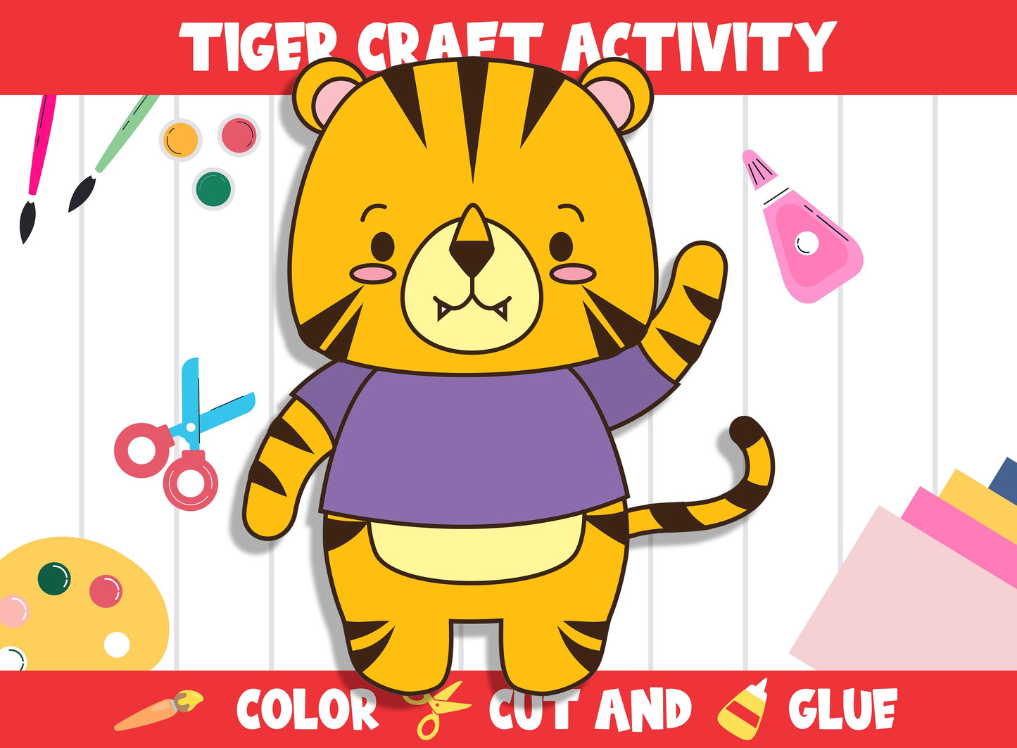 Cute Tiger Craft Activity - Color, Cut, and Glue for PreK to 2nd Grade, PDF File, Instant Download
