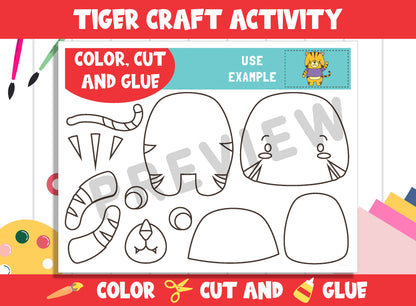 Cute Tiger Craft Activity - Color, Cut, and Glue for PreK to 2nd Grade, PDF File, Instant Download