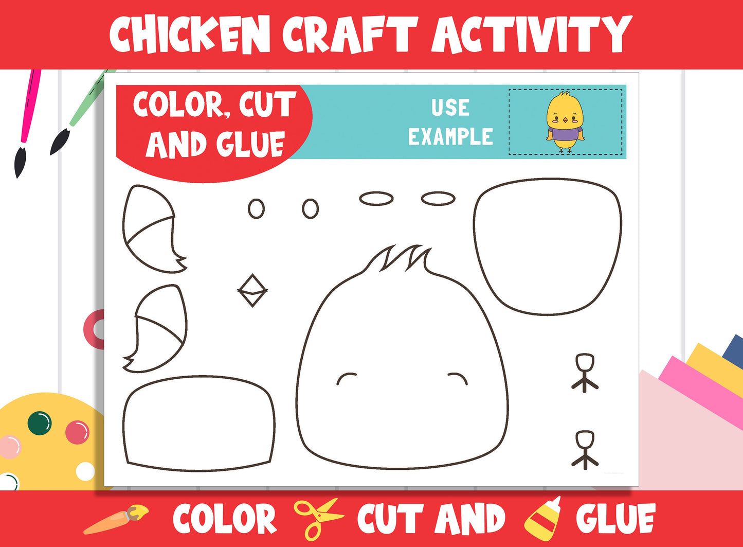 Cute Chicken Craft Activity - Color, Cut, and Glue for PreK to 2nd Grade, PDF File, Instant Download