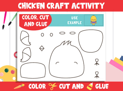 Cute Chicken Craft Activity - Color, Cut, and Glue for PreK to 2nd Grade, PDF File, Instant Download