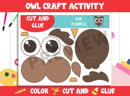 Cute Owl Craft Activity - Color, Cut, and Glue for PreK to 2nd Grade, PDF File, Instant Download