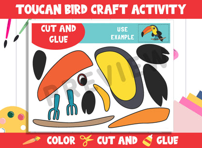 Cute Toucan Bird Craft Activity - Color, Cut, and Glue for PreK to 2nd Grade, PDF File, Instant Download
