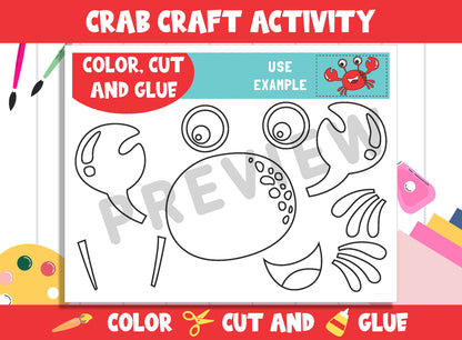 Cute Crab Craft Activity - Color, Cut, and Glue for PreK to 2nd Grade, PDF File, Instant Download