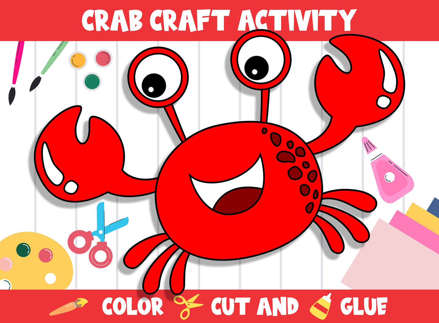 Cute Crab Craft Activity - Color, Cut, and Glue for PreK to 2nd Grade, PDF File, Instant Download