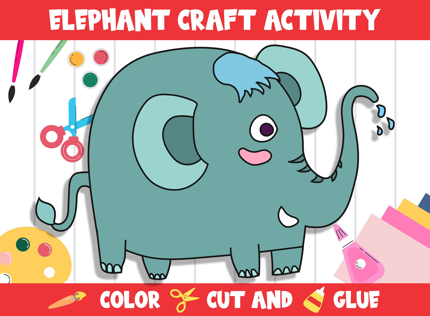 Cute Elephant Craft Activity - Color, Cut, and Glue for PreK to 2nd Grade, PDF File, Instant Download