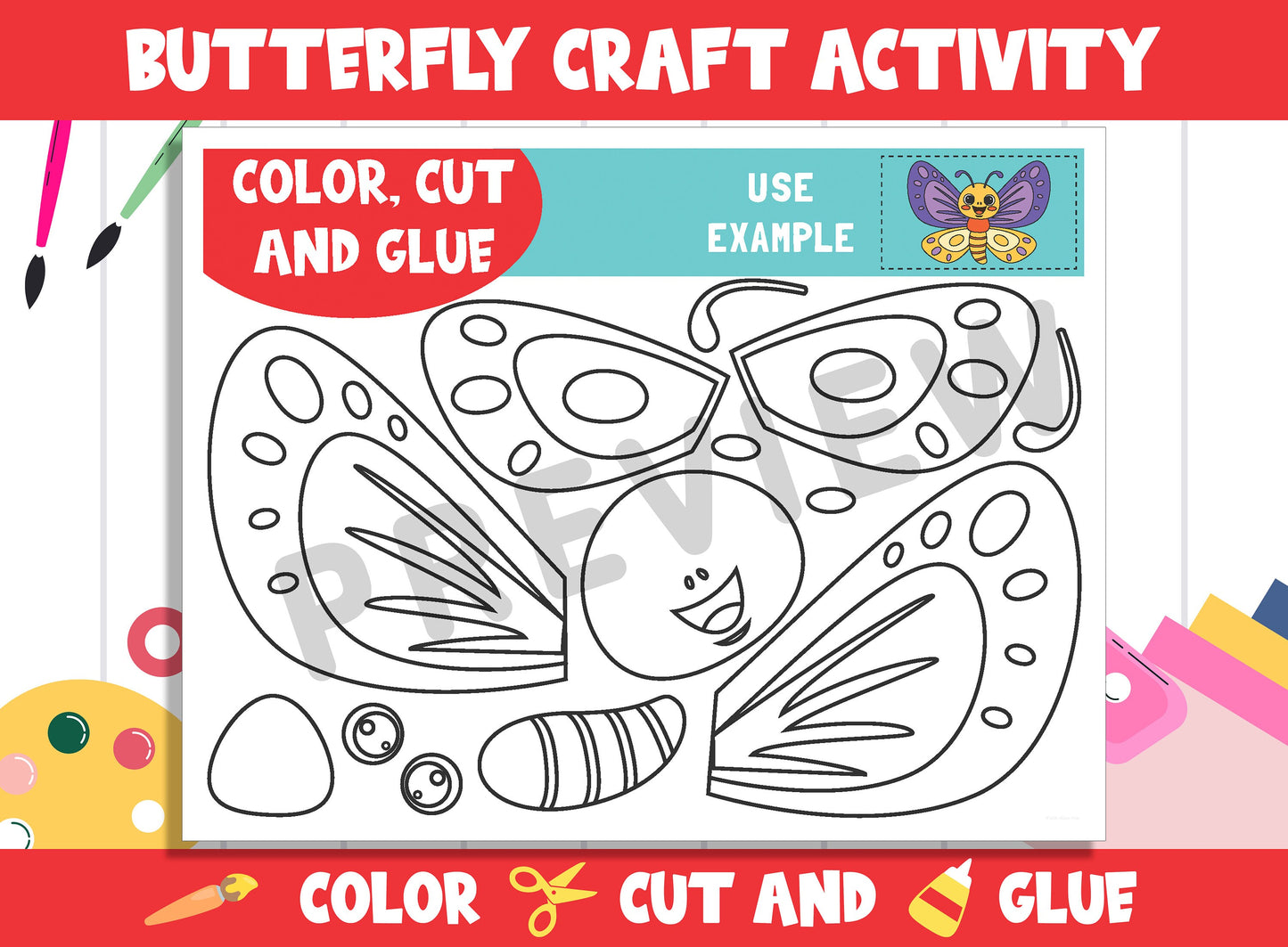 Cute Butterfly Craft Activity - Color, Cut, and Glue for PreK to 2nd Grade, PDF File, Instant Download