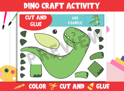 Cute Dino Craft Activity - Color, Cut, and Glue for PreK to 2nd Grade, PDF File, Instant Download