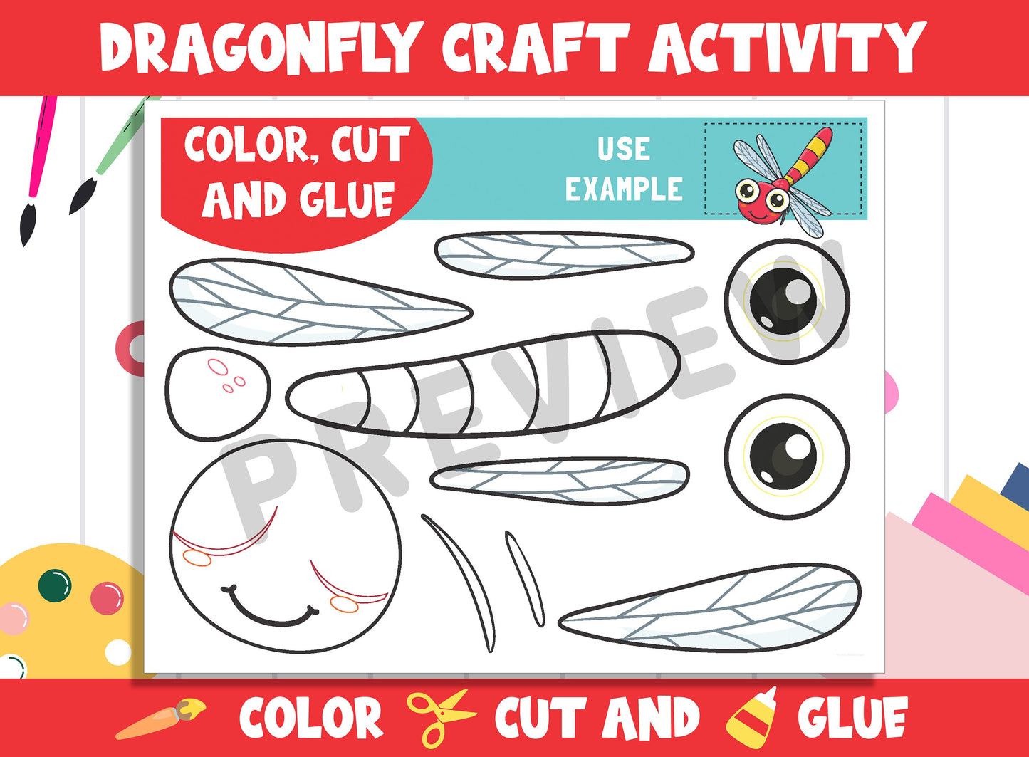 Cute Dragonfly Craft Activity - Color, Cut, and Glue for PreK to 2nd Grade, PDF File, Instant Download