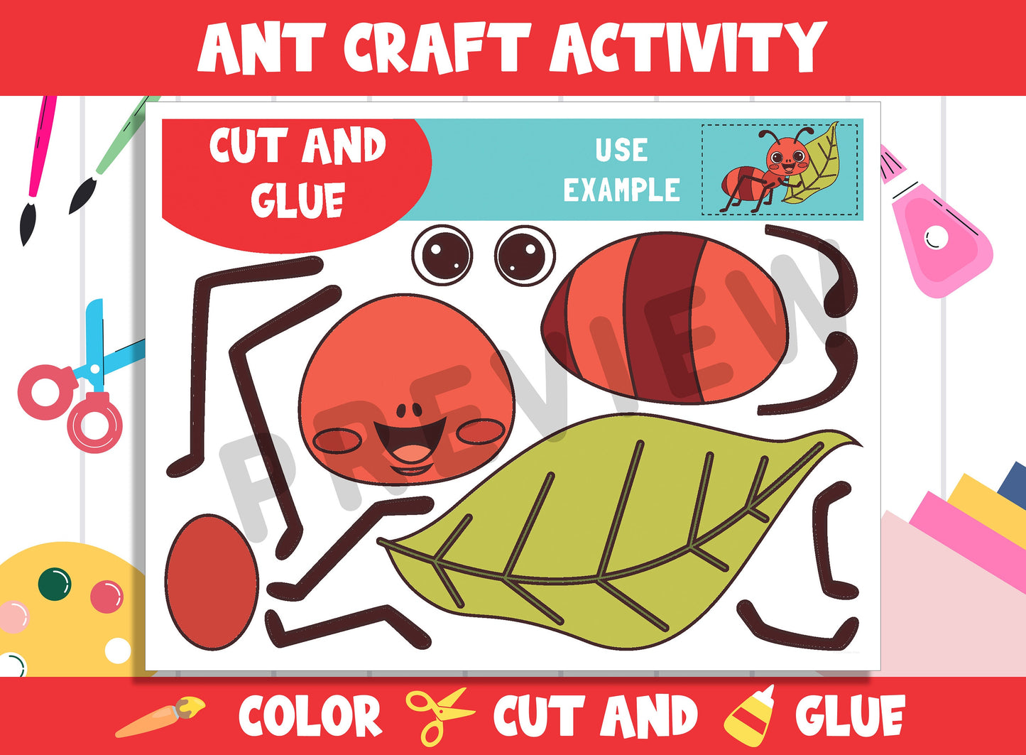 Cute Ant Craft Activity - Color, Cut, and Glue for PreK to 2nd Grade, PDF File, Instant Download