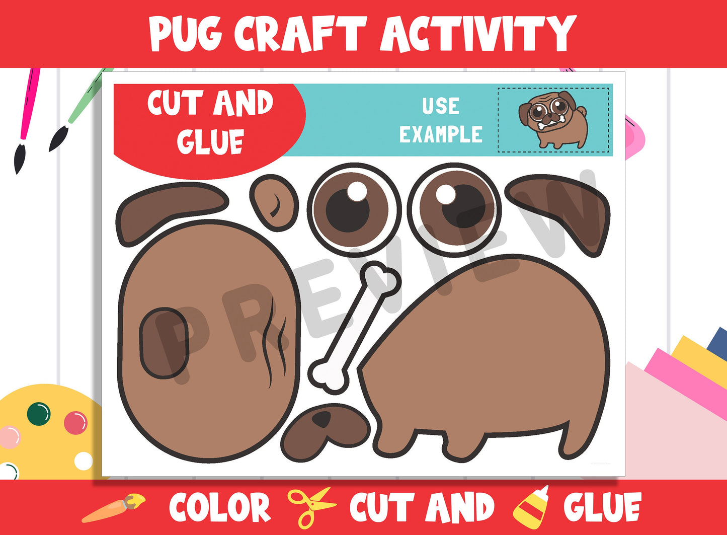 Cute Pug/Dog Craft Activity - Color, Cut, and Glue for PreK to 2nd Grade, PDF File, Instant Download