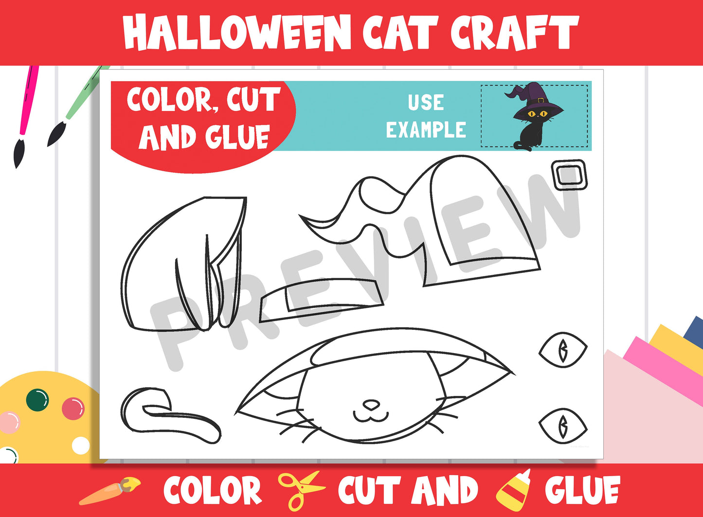 Cute Halloween Cat Craft Activity - Color, Cut, and Glue for PreK to 2nd Grade, PDF File, Instant Download