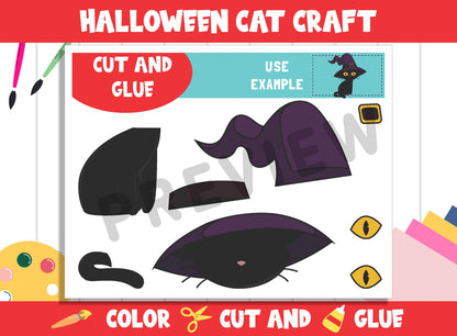 Cute Halloween Cat Craft Activity - Color, Cut, and Glue for PreK to 2nd Grade, PDF File, Instant Download