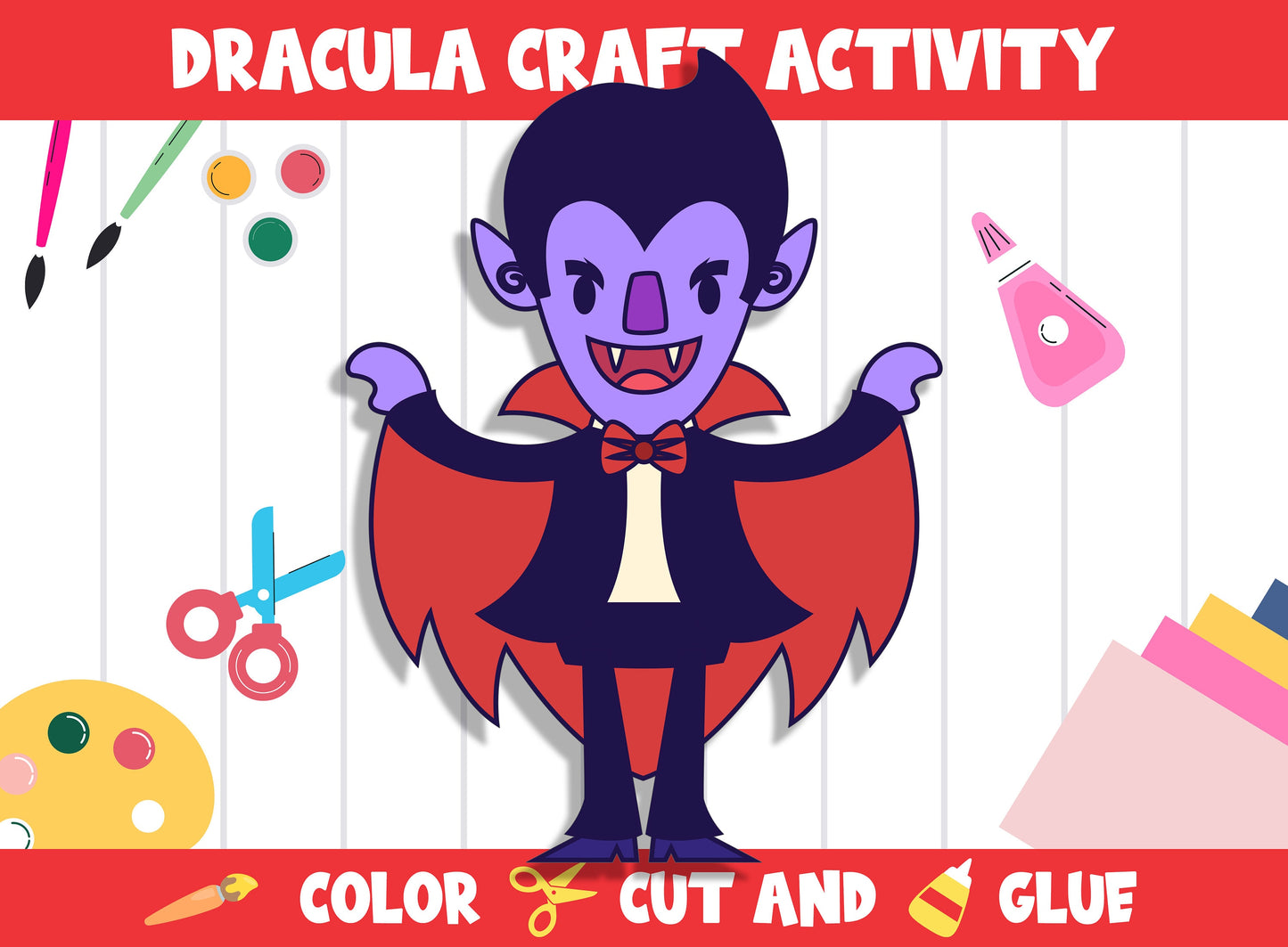 Cute Dracula Craft Activity - Color, Cut, and Glue for PreK to 2nd Grade, PDF File, Instant Download