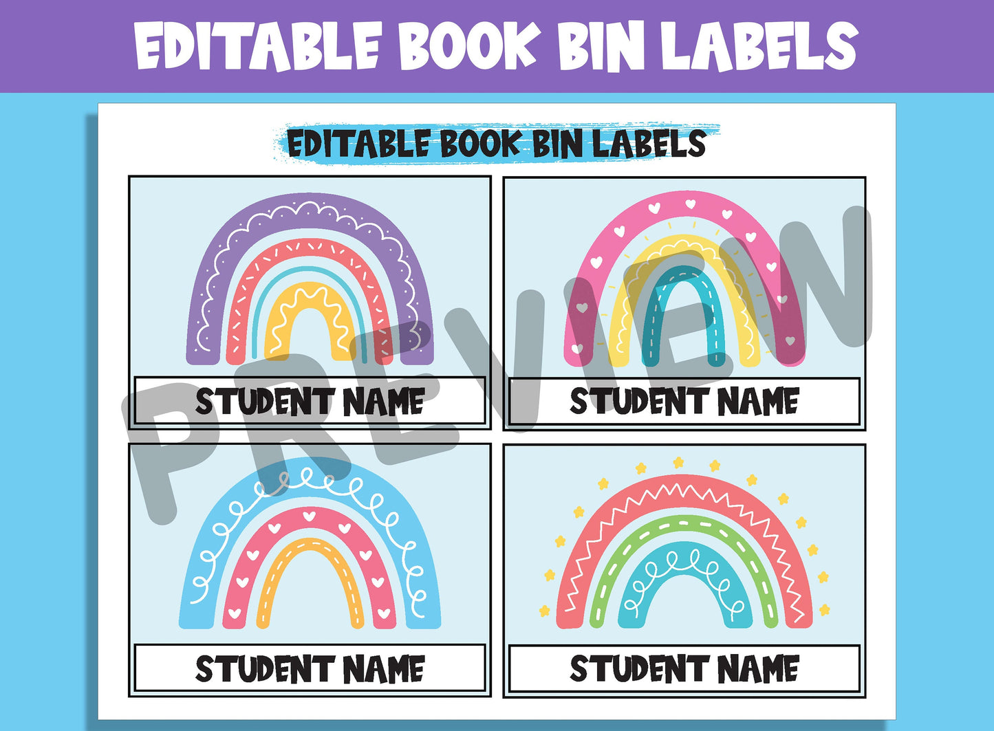 Editable Boho Rainbow Book Bin Labels: 16 Customizable Designs for Perfect Classroom Decor