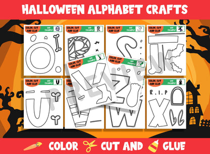 Halloween Alphabet Activities, Spooky ABC Crafts, 53 Pages, A-Z, Color/Cut/Glue, Plus Coloring Version, Free Hide and Seek Game