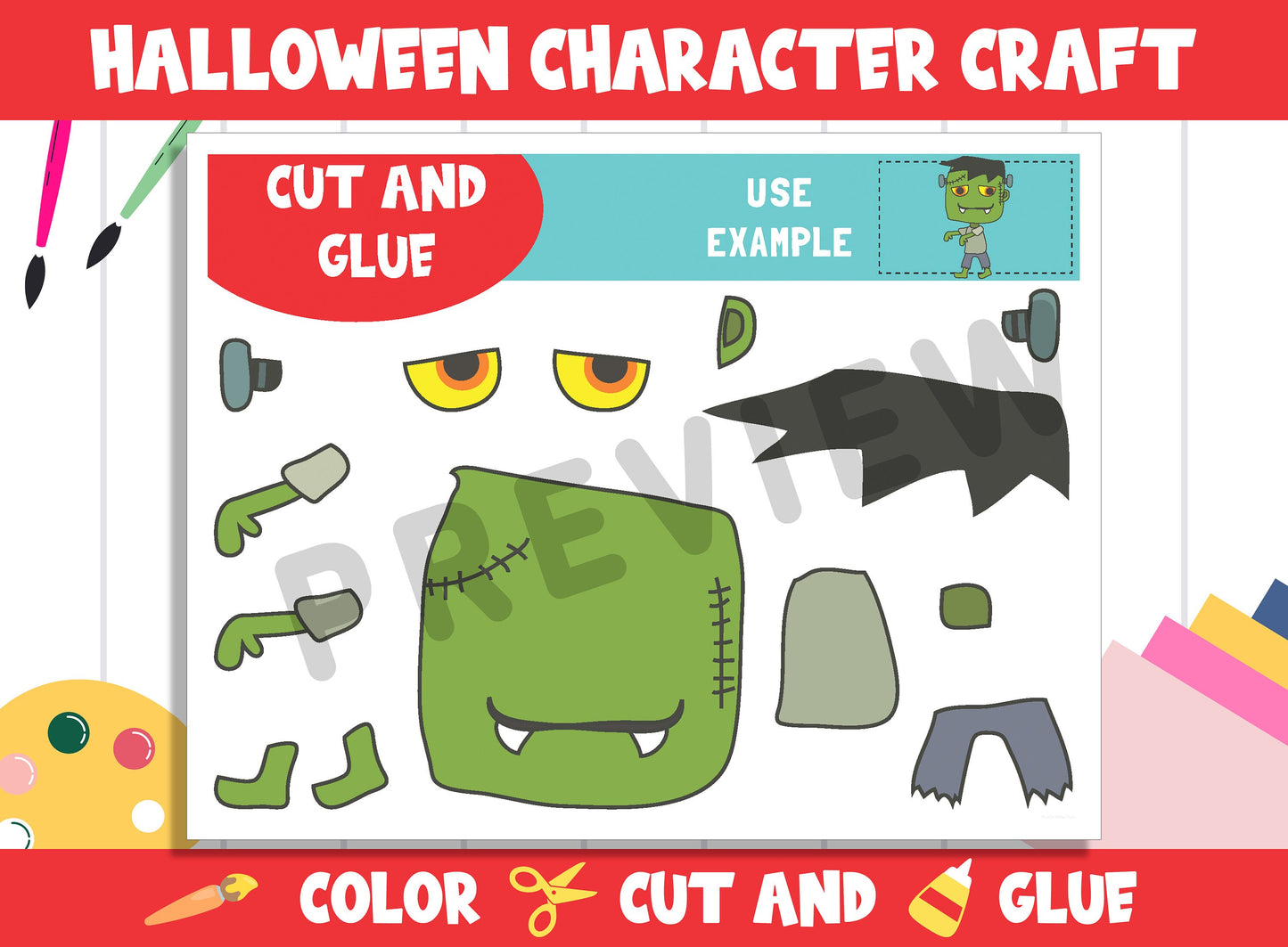 Halloween Character Craft Activity - Color, Cut, and Glue for PreK to 2nd Grade, PDF File, Instant Download