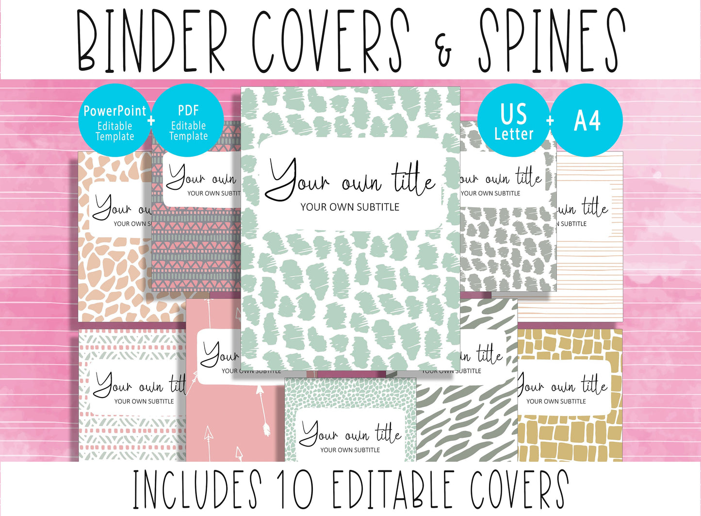 10 Editable Binder Covers, Includes 1", 1.5", 2" Spines, Book Covers Pack, Available in A4 & US Letter, Editing with PowerPoint/PDF Reader