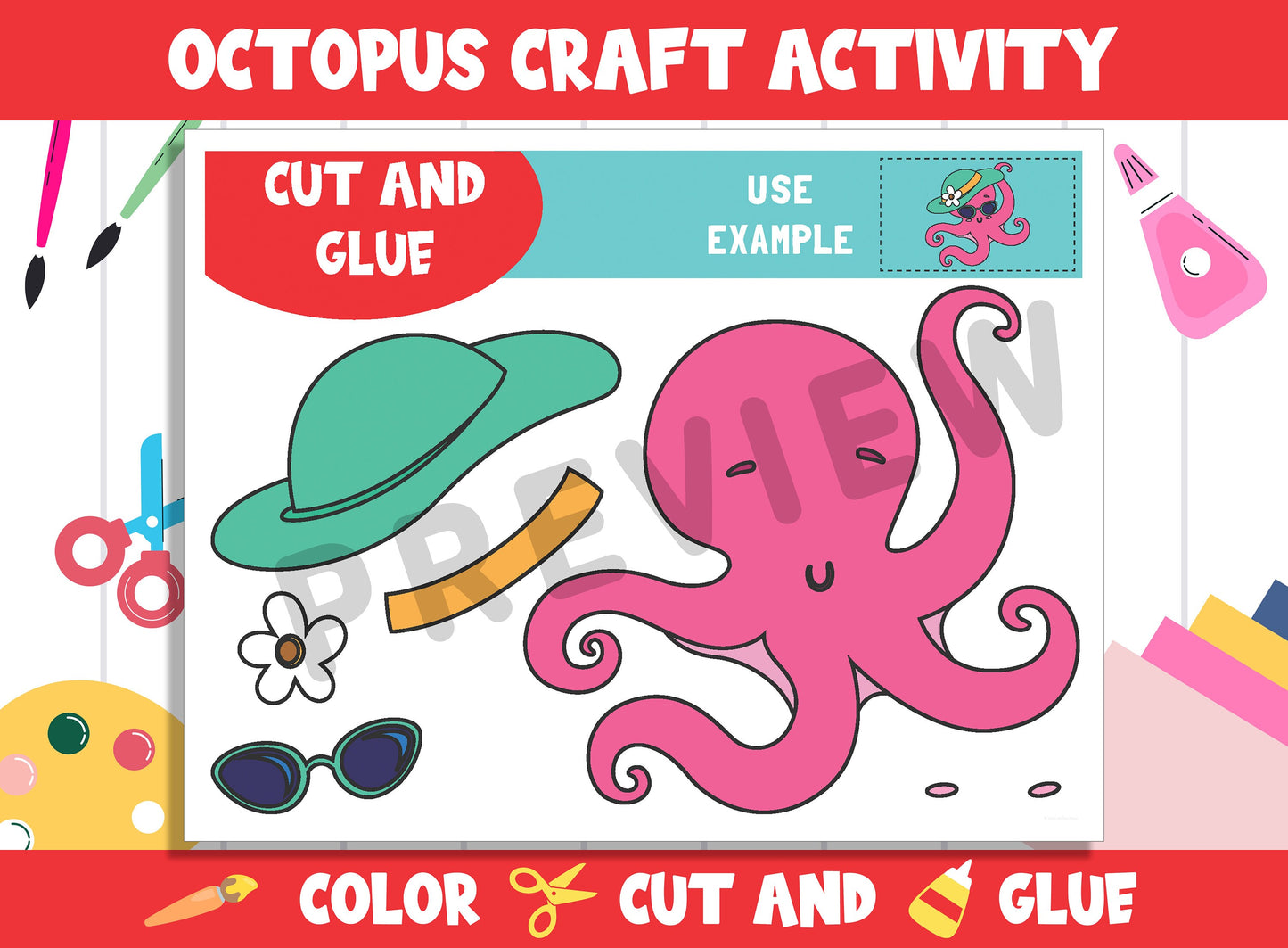 Cute Octopus Craft Activity - Color, Cut, and Glue for PreK to 2nd Grade, PDF File, Instant Download