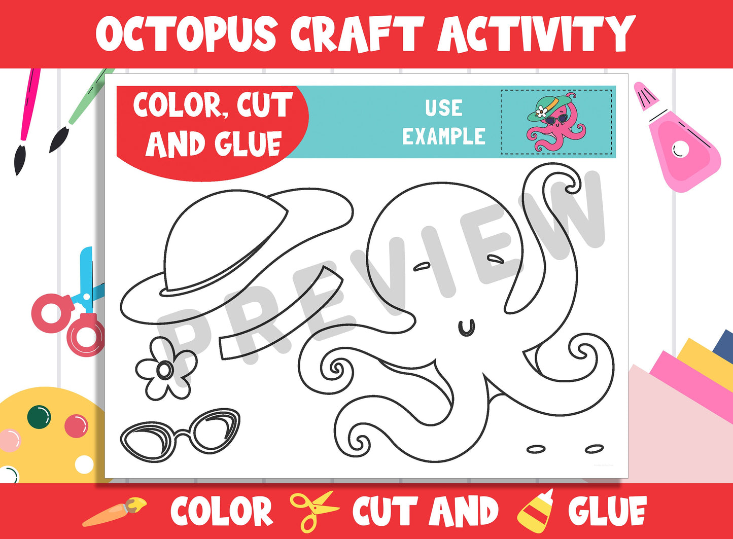 Cute Octopus Craft Activity - Color, Cut, and Glue for PreK to 2nd Grade, PDF File, Instant Download