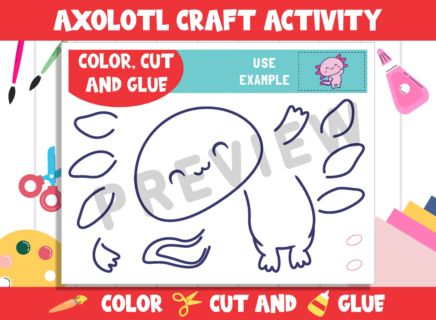 Cute Axolotl Craft Activity - Color, Cut, and Glue for PreK to 2nd Grade, PDF File, Instant Download