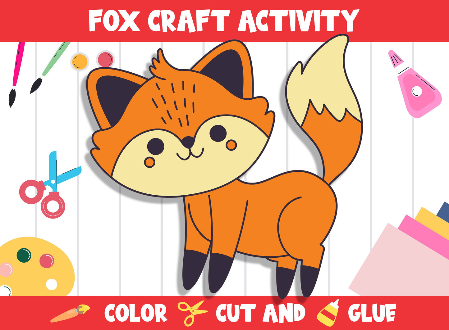 Cute Fox Craft Activity - Color, Cut, and Glue for PreK to 2nd Grade, PDF File, Instant Download