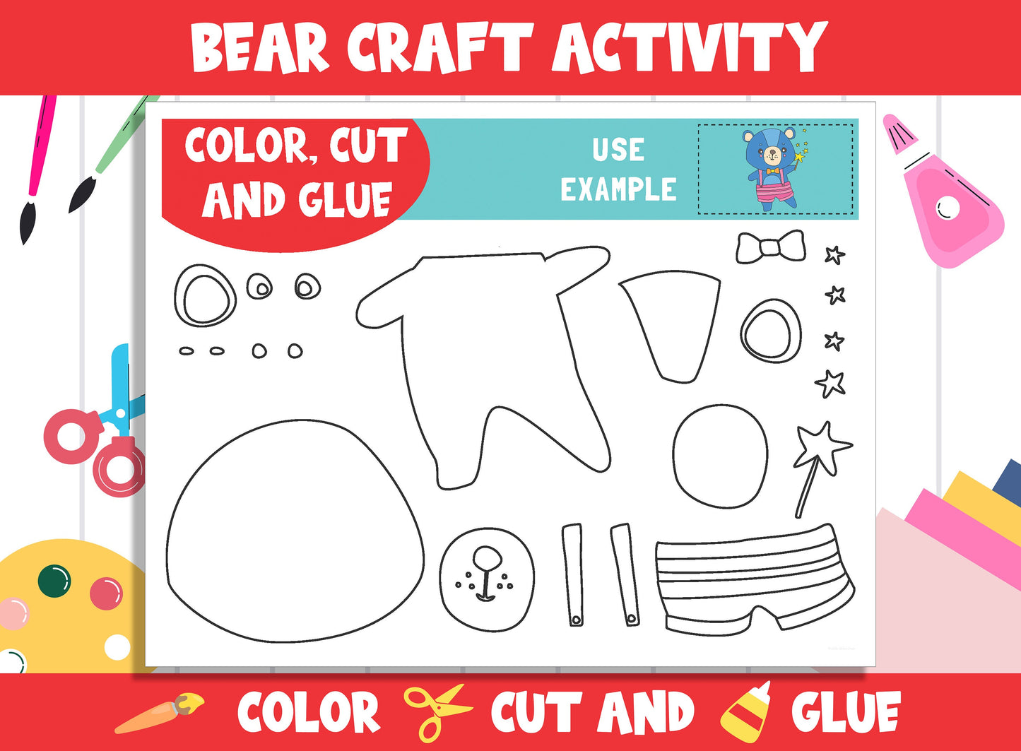 Cute Bear Craft Activity - Color, Cut, and Glue for PreK to 2nd Grade, PDF File, Instant Download