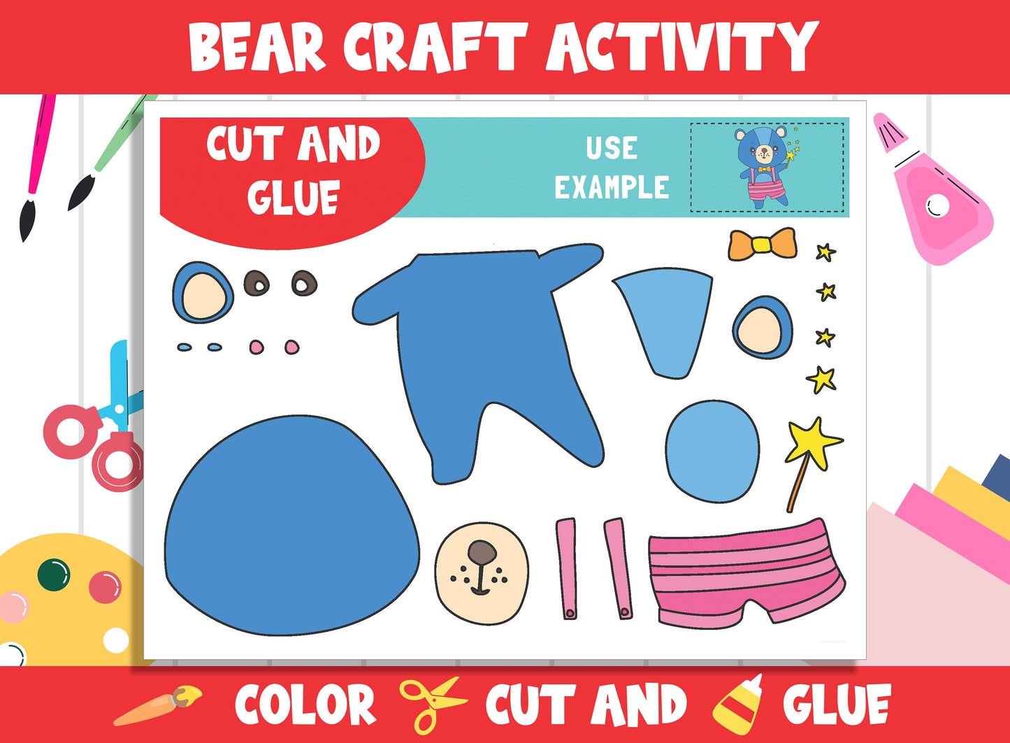 Cute Bear Craft Activity - Color, Cut, and Glue for PreK to 2nd Grade, PDF File, Instant Download