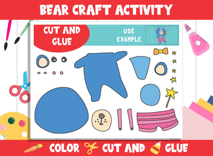 Cute Bear Craft Activity - Color, Cut, and Glue for PreK to 2nd Grade, PDF File, Instant Download