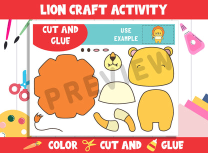Cute Lion Craft Activity - Color, Cut, and Glue for PreK to 2nd Grade, PDF File, Instant Download