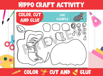 Cute Hippo Craft Activity - Color, Cut, and Glue for PreK to 2nd Grade, PDF File, Instant Download