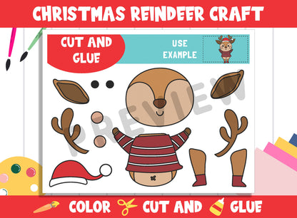 Christmas Reindeer Craft Activity - Color, Cut, and Glue for PreK to 2nd Grade, PDF File, Instant Download
