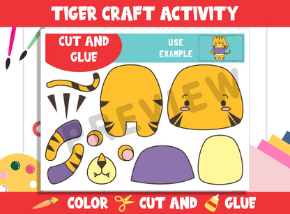 Cute Tiger Craft Activity - Color, Cut, and Glue for PreK to 2nd Grade, PDF File, Instant Download