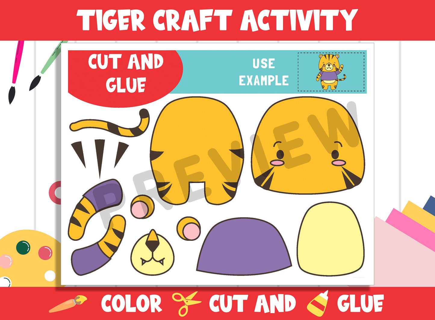 Cute Tiger Craft Activity - Color, Cut, and Glue for PreK to 2nd Grade, PDF File, Instant Download