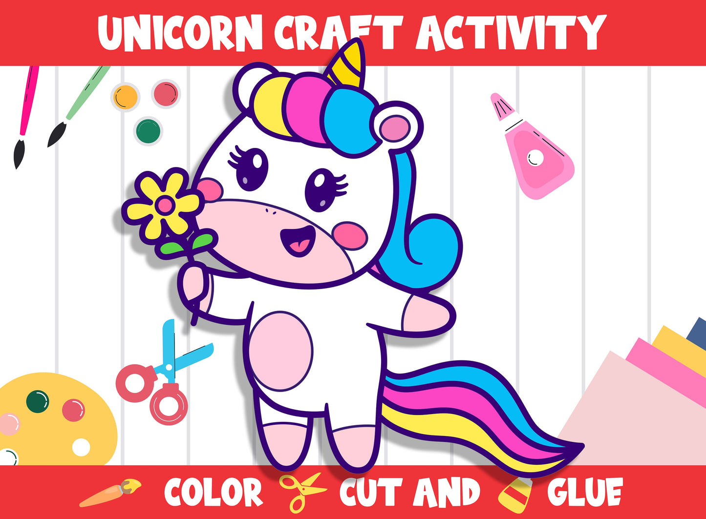 Cute Unicorn Craft Activity - Color, Cut, and Glue for PreK to 2nd Grade, PDF File, Instant Download