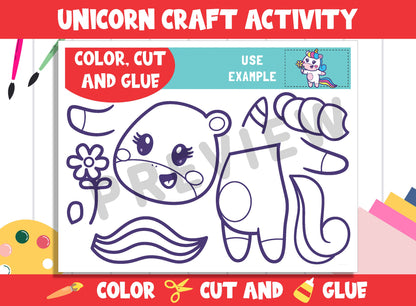 Cute Unicorn Craft Activity - Color, Cut, and Glue for PreK to 2nd Grade, PDF File, Instant Download