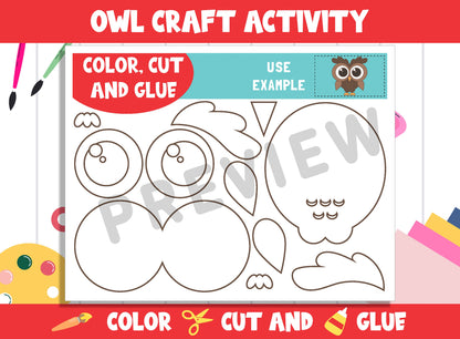 Cute Owl Craft Activity - Color, Cut, and Glue for PreK to 2nd Grade, PDF File, Instant Download