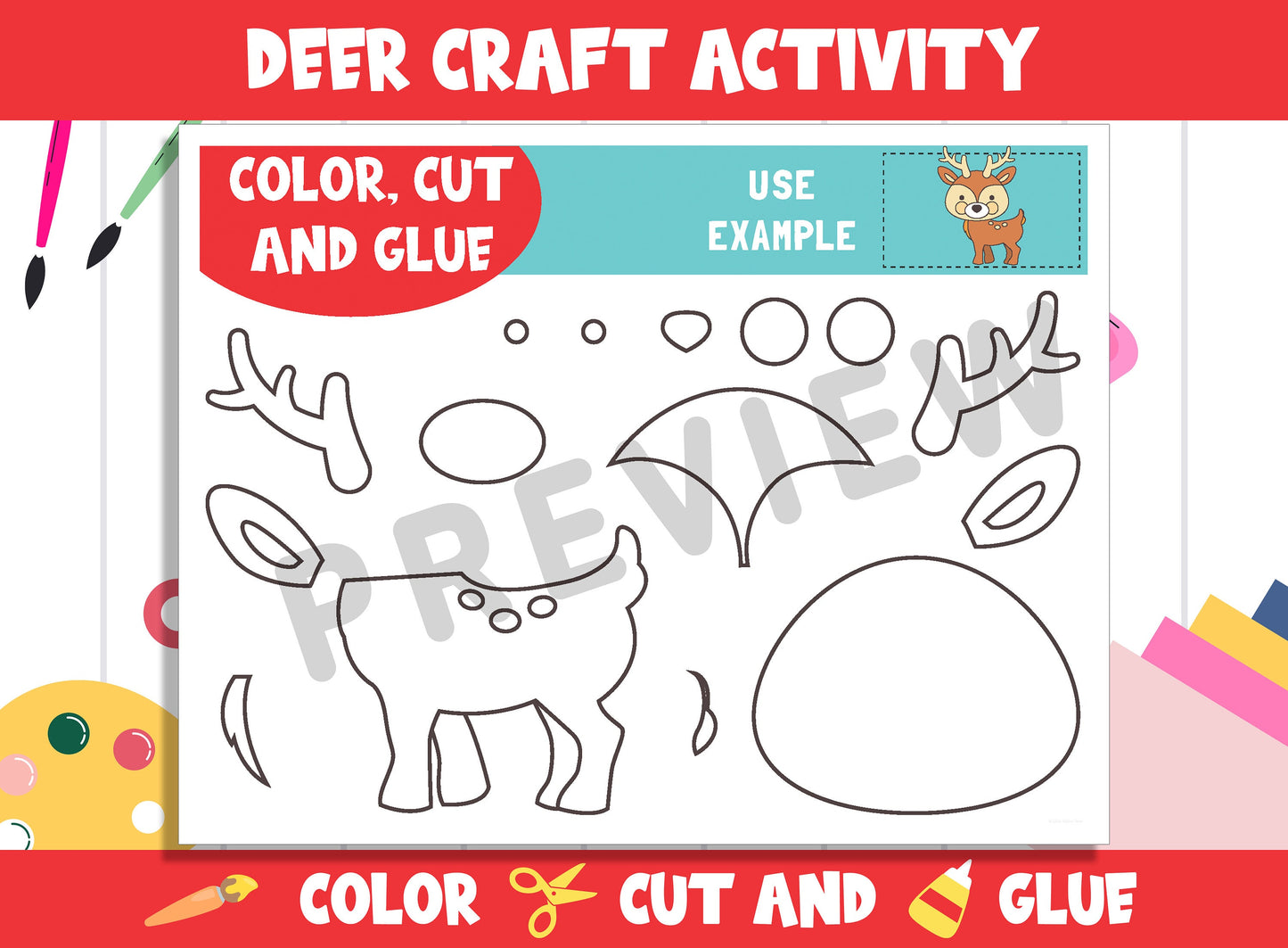 Cute Deer Craft Activity - Color, Cut, and Glue for PreK to 2nd Grade, PDF File, Instant Download