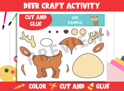 Cute Deer Craft Activity - Color, Cut, and Glue for PreK to 2nd Grade, PDF File, Instant Download