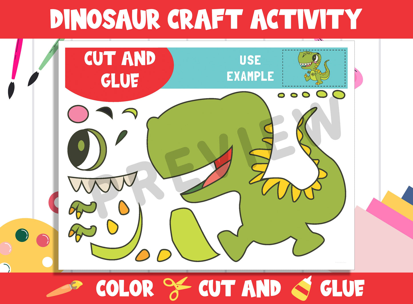 Cute Dinosaur Craft Activity - Color, Cut, and Glue for PreK to 2nd Grade, PDF File, Instant Download