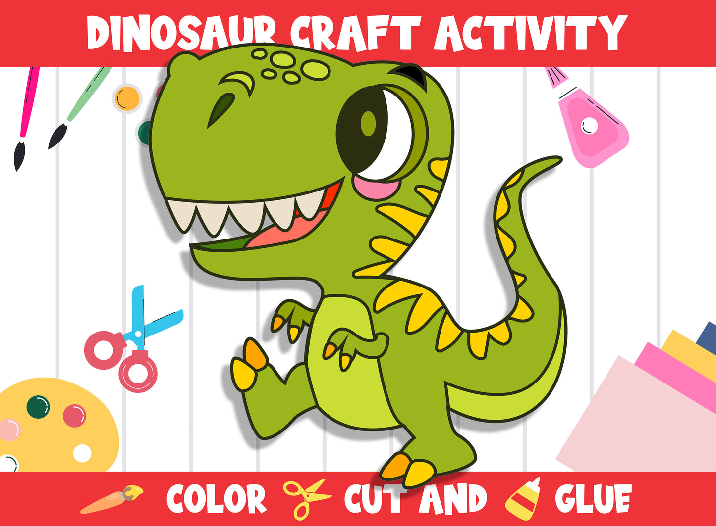Cute Dinosaur Craft Activity - Color, Cut, and Glue for PreK to 2nd Grade, PDF File, Instant Download