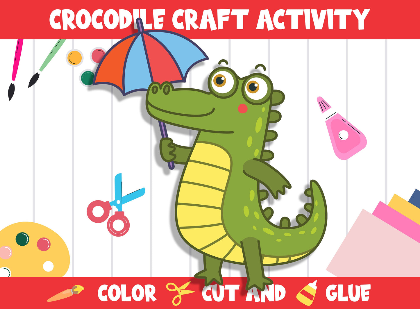 Cute Crocodile Craft Activity - Color, Cut, and Glue for PreK to 2nd Grade, PDF File, Instant Download