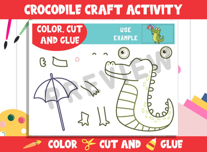 Cute Crocodile Craft Activity - Color, Cut, and Glue for PreK to 2nd Grade, PDF File, Instant Download